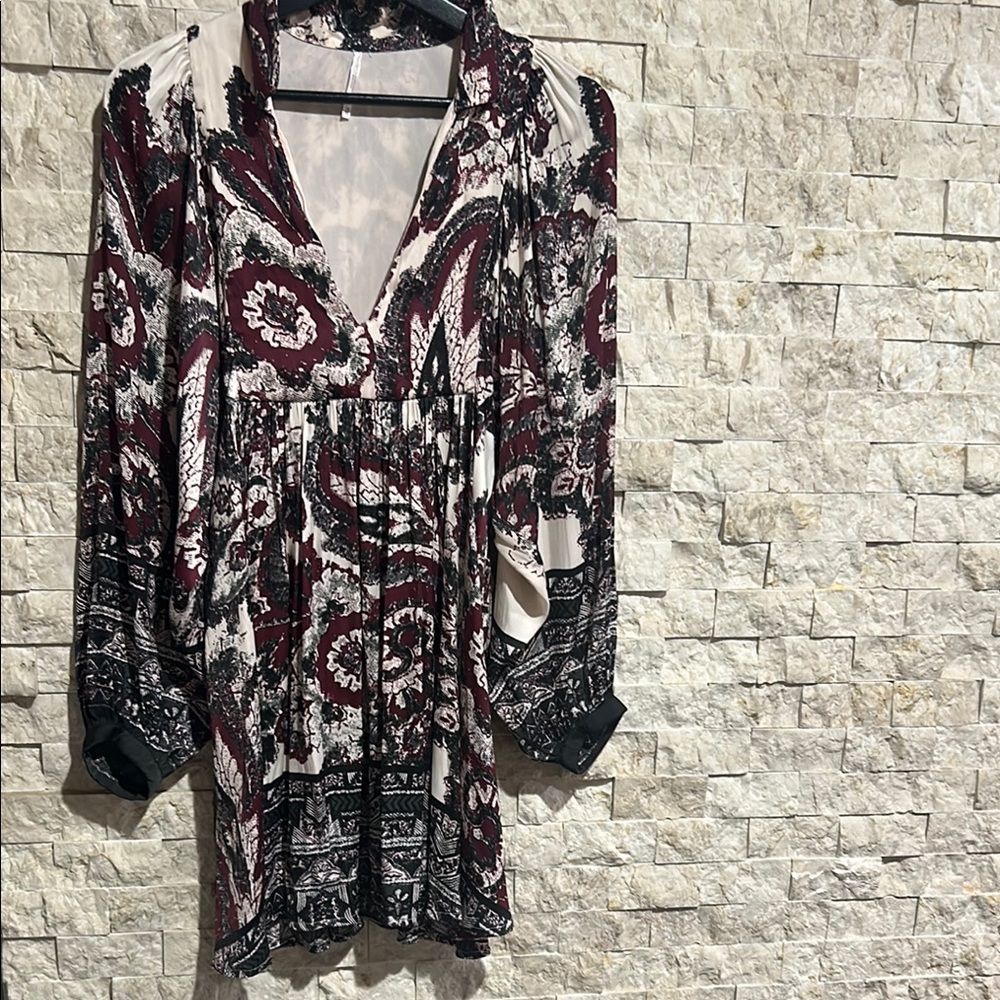 Free People Black and Burgundy Patterned Mini Dress